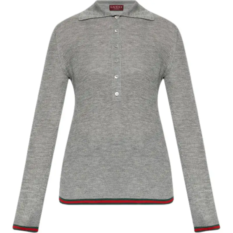 GUCCI Ribbed Knit Long Sleeve Polo Shirt