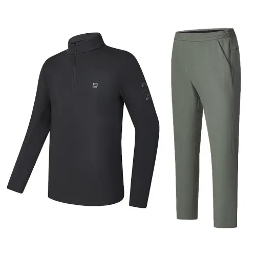 FILA Casual Sportswear Men's Clothing Sets Pitch Black T Shirt+Stone Olive Pants Stand Collar Moderate