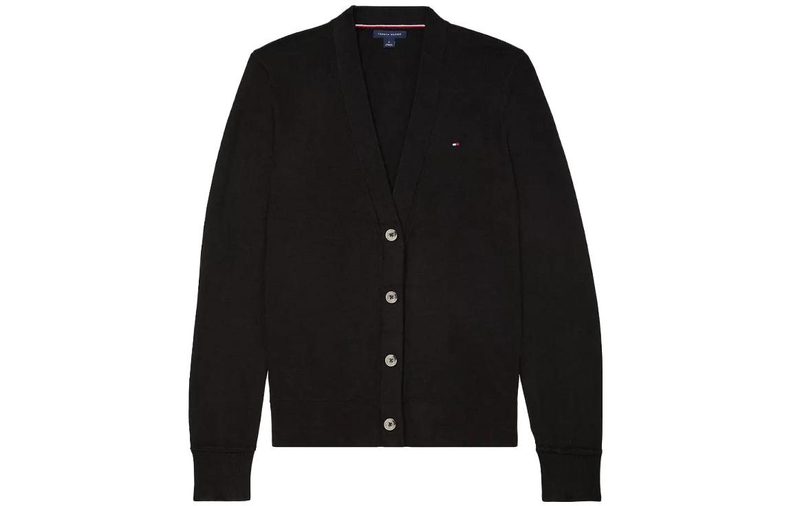 Tommy Hilfiger FW23 Solid Cardigan Tops Dark Sable solid color V-neck single-breasted long-sleeved sweater, women's black