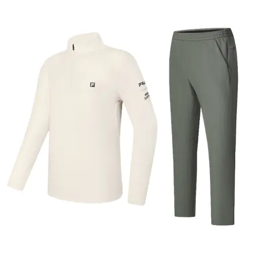 FILA Casual Sportswear Men's Clothing Sets Taupe T Shirt+Stone Olive Pants Stand Collar Moderate