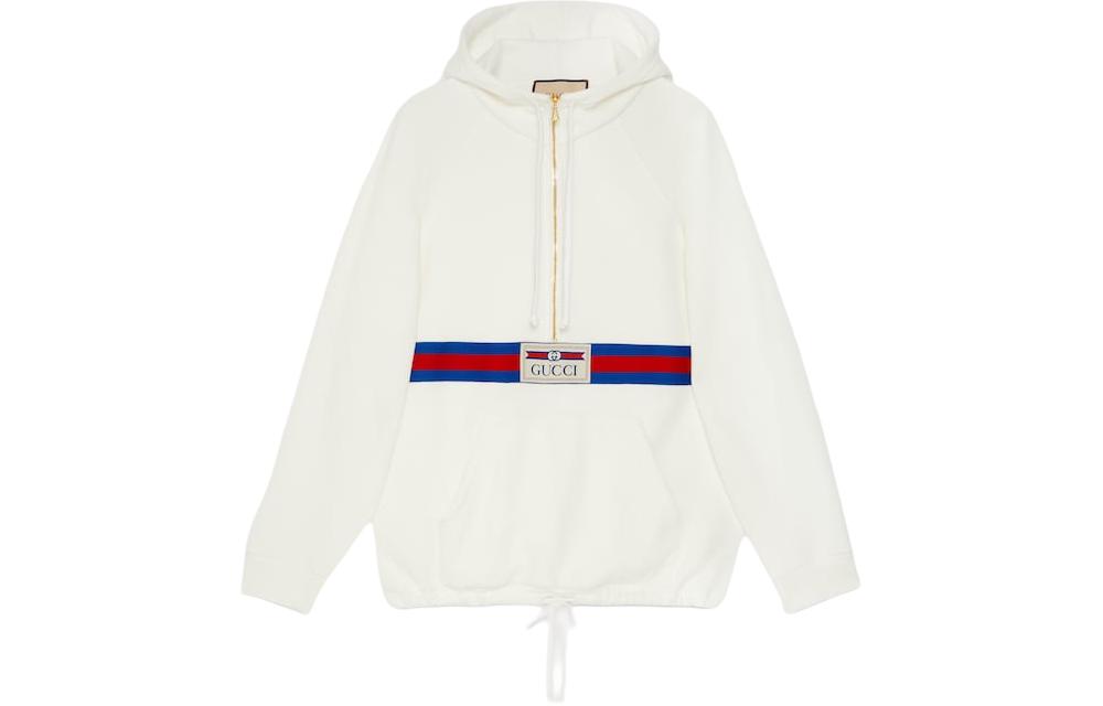 GUCCI Gucci Decorative Woven Belt Knitted Cotton Hoodie Striped Letters Logo Print Hooded Long Sleeve Sweatshirt Women's Ivory