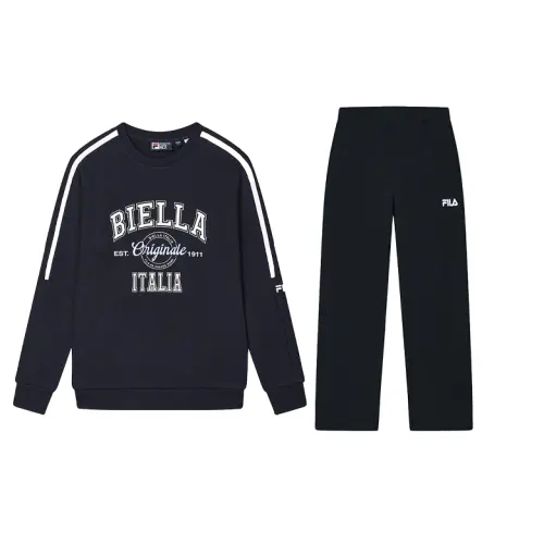 FILA Casual Sportswear Men's Clothing Sets Hero Blue Sweatshirt+Jet Black Pants Crew Neck Moderate
