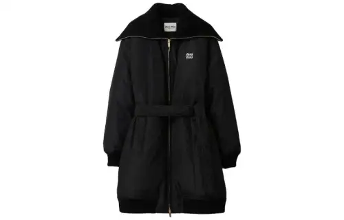 MIU MIU Down Jackets Women's Black Hooded Fleece Lined Down Coat