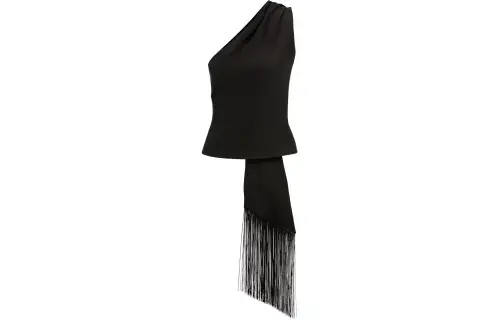 HUGO BOSS One-Shoulder Blouse With Fringed Scarf Detail Solid Color Slant Collar Sleeveless Shirt Women's Black