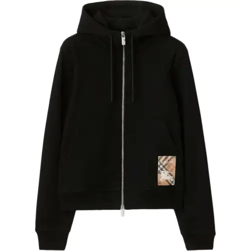 Burberry Check-Label Zip-Up Drawstring Hoodie