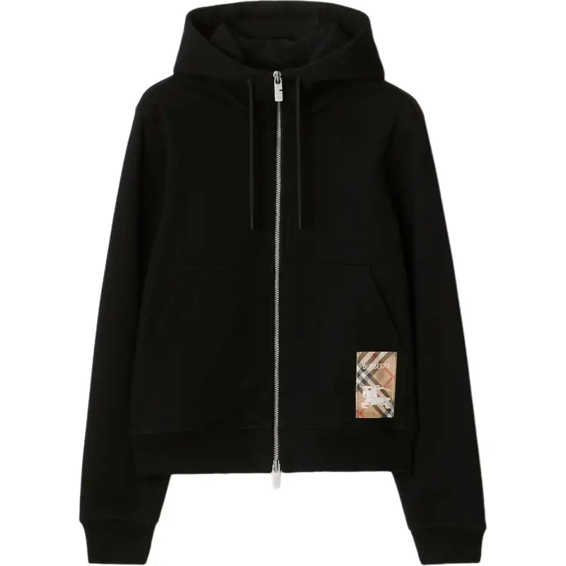 Burberry Check-Label Zip-Up Drawstring Hoodie