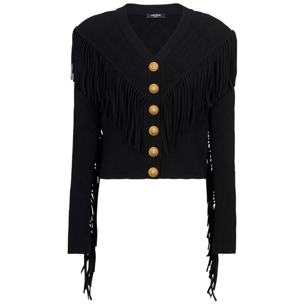 BALMAIN Balmain FW23 solid color tassel detail single-breasted sweater women's black