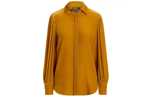 Polo Ralph Lauren X Naiomi Glasses FW23 solid color single-breasted square collar velvet casual long-sleeved shirt women's gold