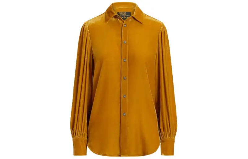 Polo Ralph Lauren X Naiomi Glasses FW23 solid color single-breasted square collar velvet casual long-sleeved shirt women's gold
