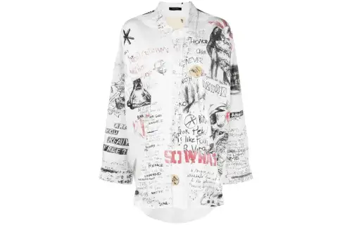 R13 SS24 Color Block Sketch Text Print Casual Single Breasted Long Sleeve Shirt Women's White
