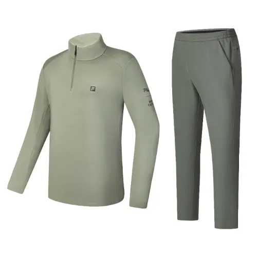 FILA Casual Sportswear Men's Clothing Sets Cloud Green T Shirt+Olive Green Pants Stand Collar Moderate