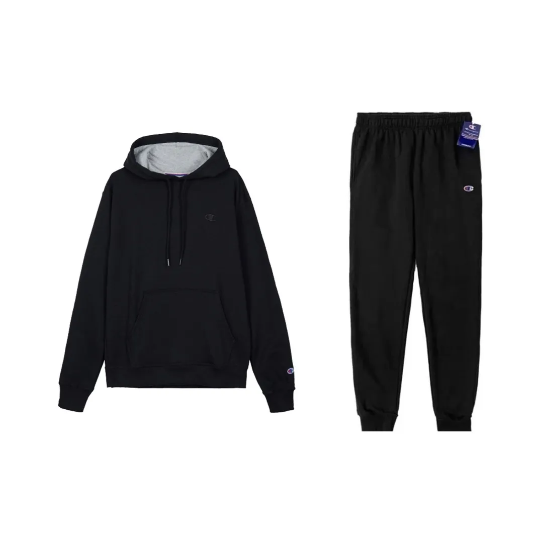 Champion Double Logo Embroidery Pullover Sweatshirt Loose Fit Elastic Cuff Fleece Lined Sweatpants