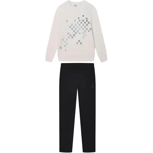 FILA Casual Sportswear Men's Clothing Sets Egrets White Top+Black Bottom Crew Neck Moderate