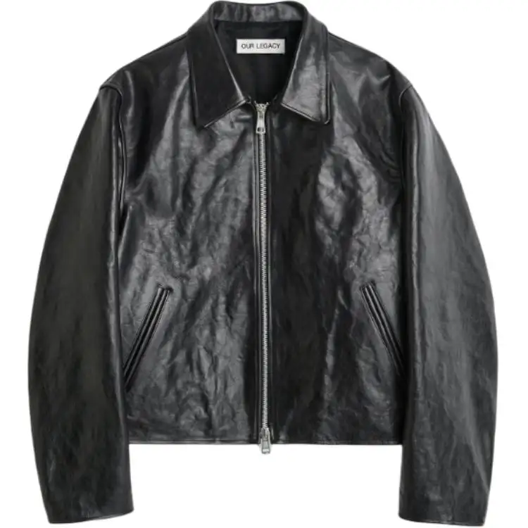OUR LEGACY FW24 Barn style lapel bean-shaped rivets straight hem shiny fully lined leather jacket women black