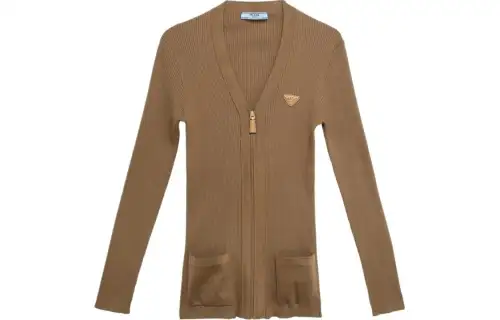PRADA Enamel-Triangle Zipped Ribbed Cardigan
