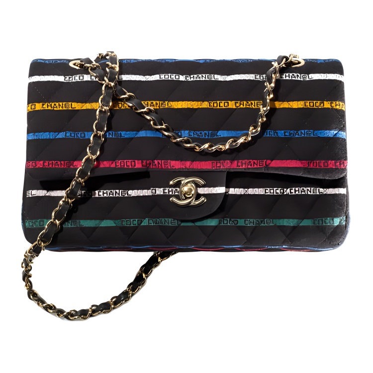CHANEL 22SS Spring Summer Classic Flap CF Cotton Shoulder Bag, Crossbody Bag Women's Black And Multicolor