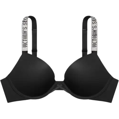 Victoria's Secret Shiny supporting straps with letters, glossy black bra with steel rings, with your logo imprint