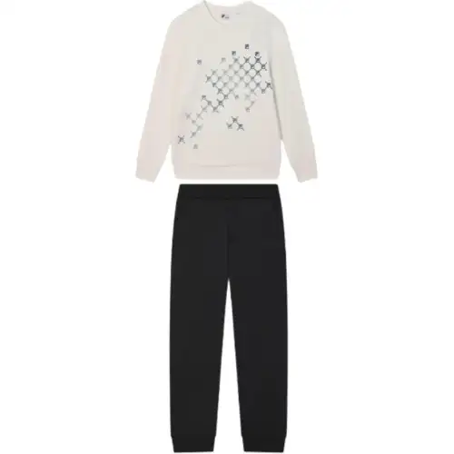 FILA Casual Sportswear Men's Clothing Set Egrets White Top+Black Pants Crew Neck Moderate
