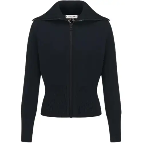 DIOR Knitwear Women's Marine Blue Lapel Moderate