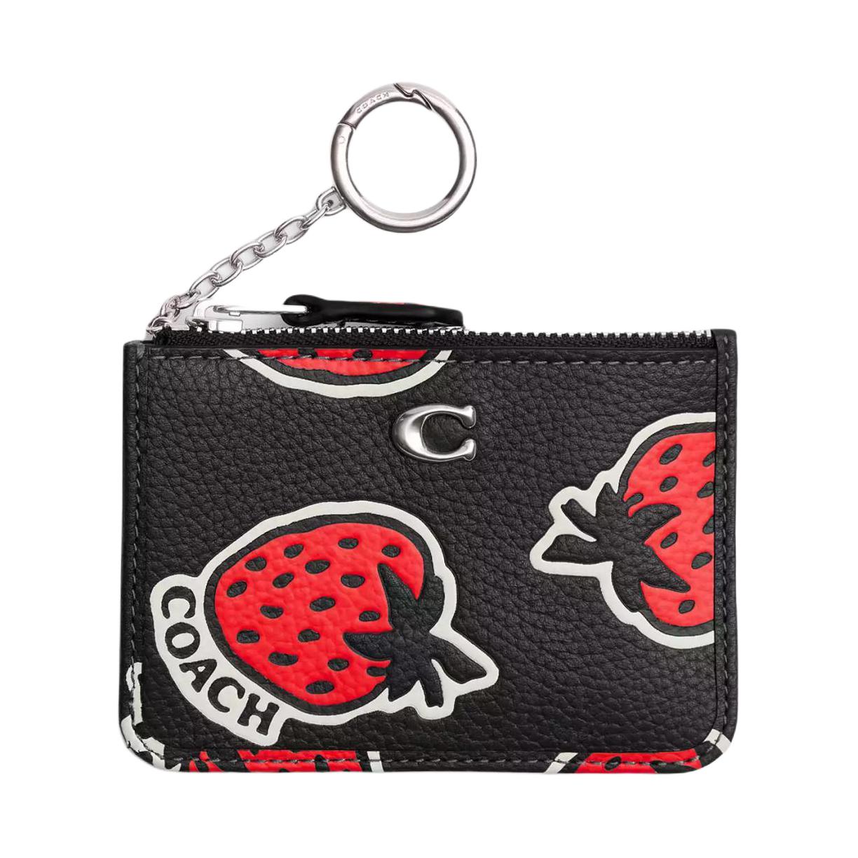 COACH Coach Skinny Id Case 11 Strawberry Print Polished Pebbled Leather Slim Card Holder Regular Women's Black Multicolor