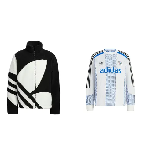 Adidas Originals Thickened And Fleece Lined Stand Collar Zipper Stripes Crew Neck Letter Pullover Long Sleeved