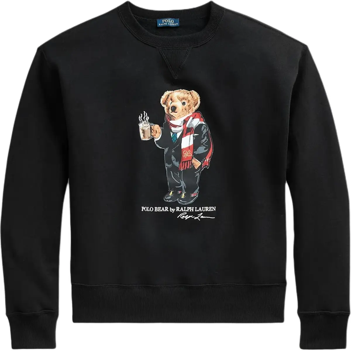 Polo Ralph Lauren FW23 Coffee Bear Pattern Crew Neck Fleece Lined Long Sleeved Sweatshirt Women's Black