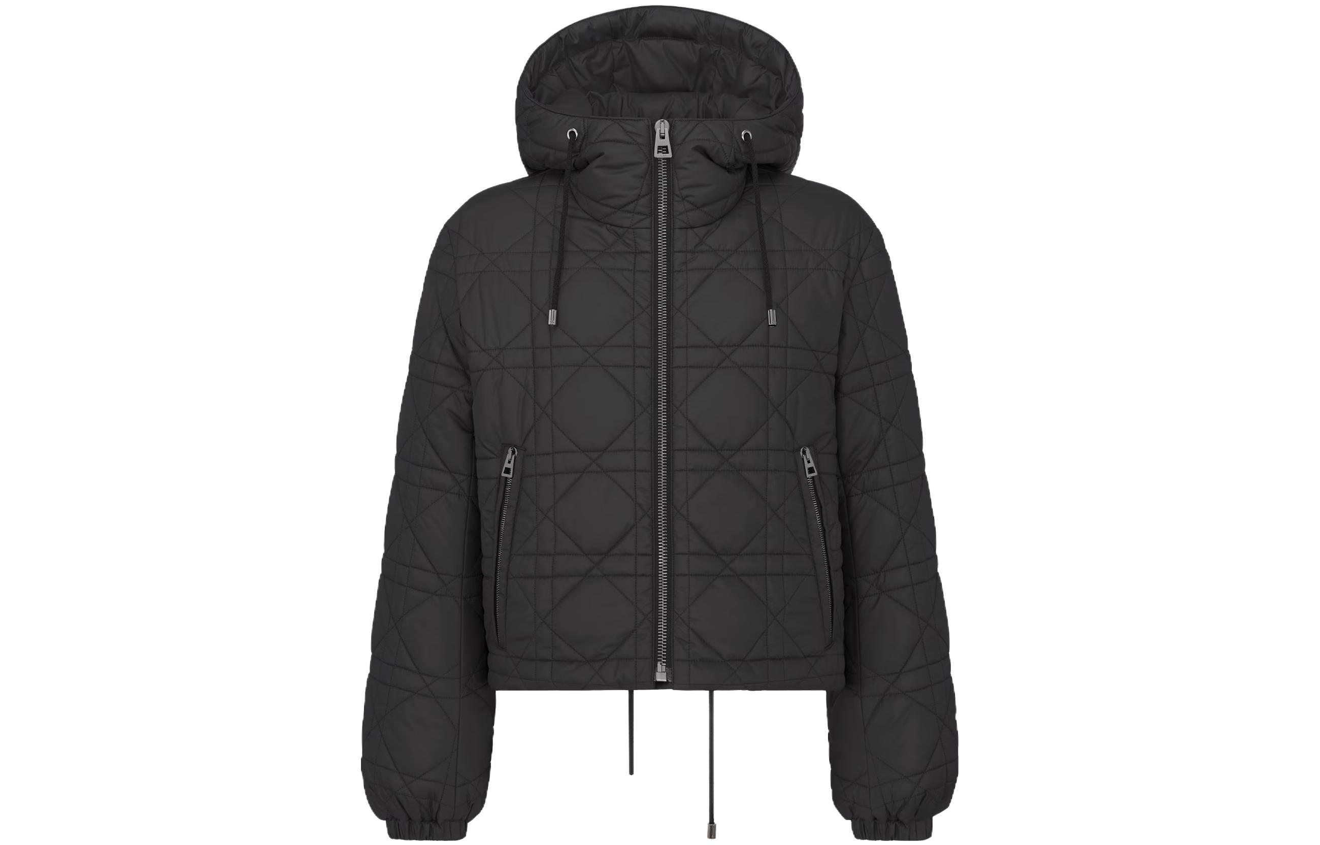 DIOR Dior FW23 ALPS Limited Series Solid Color Taffeta Quilted Cannage Pattern Hooded Short Cotton Jacket Women's Black