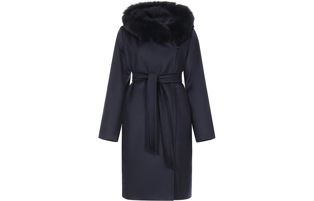 Maxmara Studio Mango Series сплошной цвет ремень капюшон меховой воротник пальто женский голубой