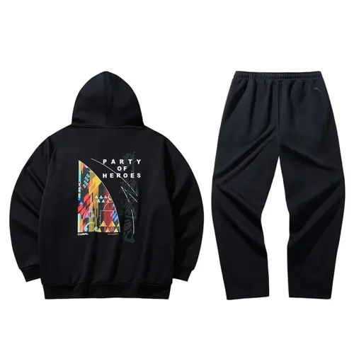 Anta Base Layer Hooded Loose Fit Raglan Pullover Top Versatile Fleece Lined Thermal Lace Up Mid Rise Pants