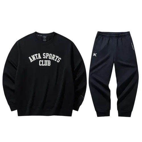 Anta Letter Print Loose Fit Thermal Sweatshirt With Fleece Lined Elastic Waistband And Elastic Cuff Pants