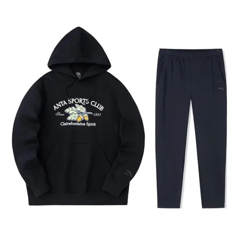 Anta Letter Print Loose Fit Thermal Hoodie With Elastic Waistband And Straight Fit Fleece Lined Pants Casual Sportswear