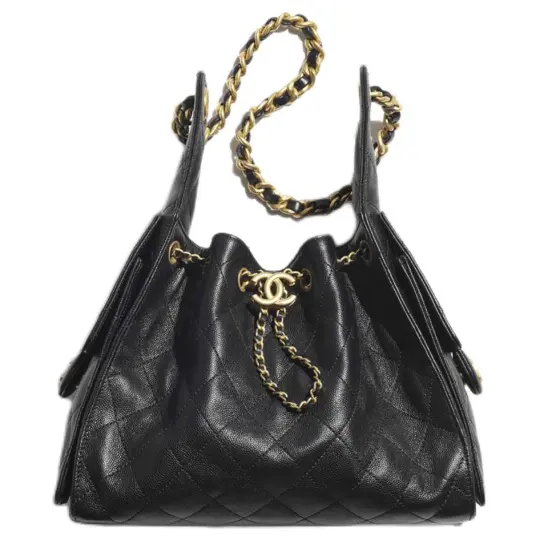CHANEL Сумка Chanel 25Сумка 25S Старое золото Двойной логотип C с ромбовидной стеганой кожаной цепочкой Зернистая телячья кожа и золотистая металлическая сумка в стиле хиппи Сумка на плечо Маленькая женская черная