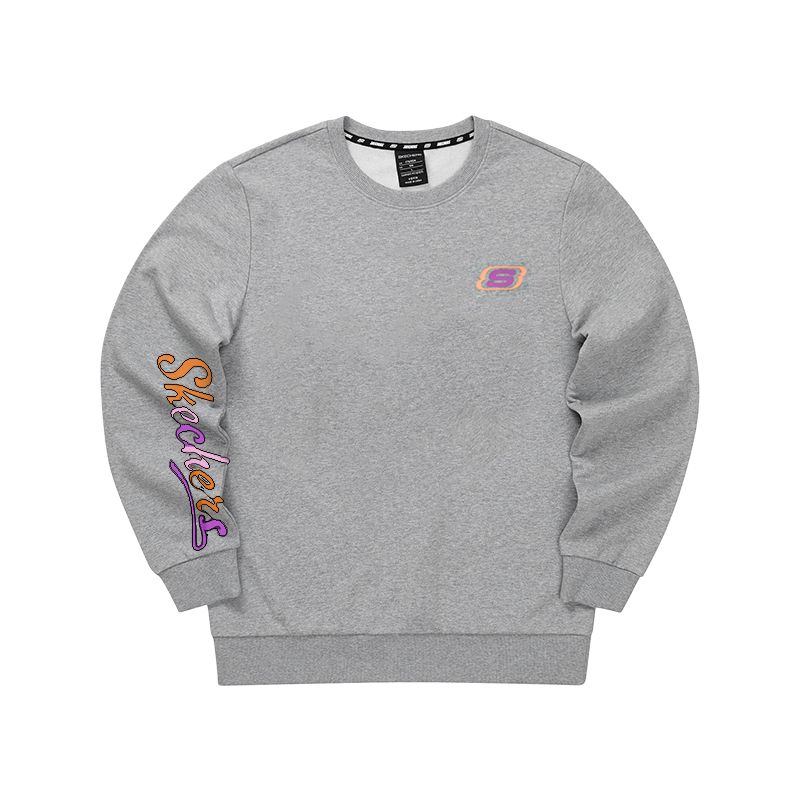 Skechers Colorful Letter Pattern Pullover Crew Neck Fleece Lined Long Sleeved Sweatshirt Women's Gray