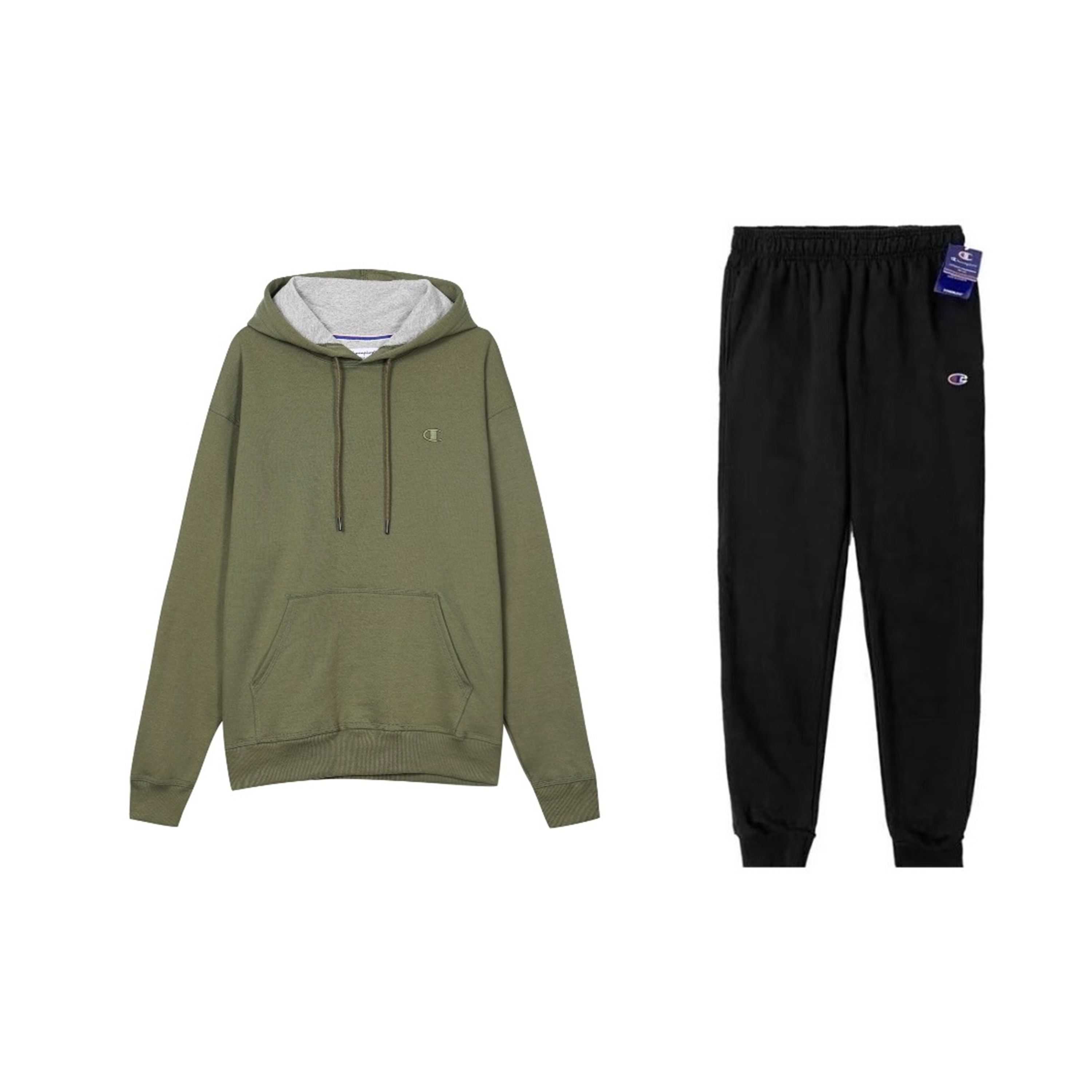 Champion Double Logo Embroidery Pullover Sweatshirt Loose Fit Elastic Cuff Fleece Lined Sweatpants