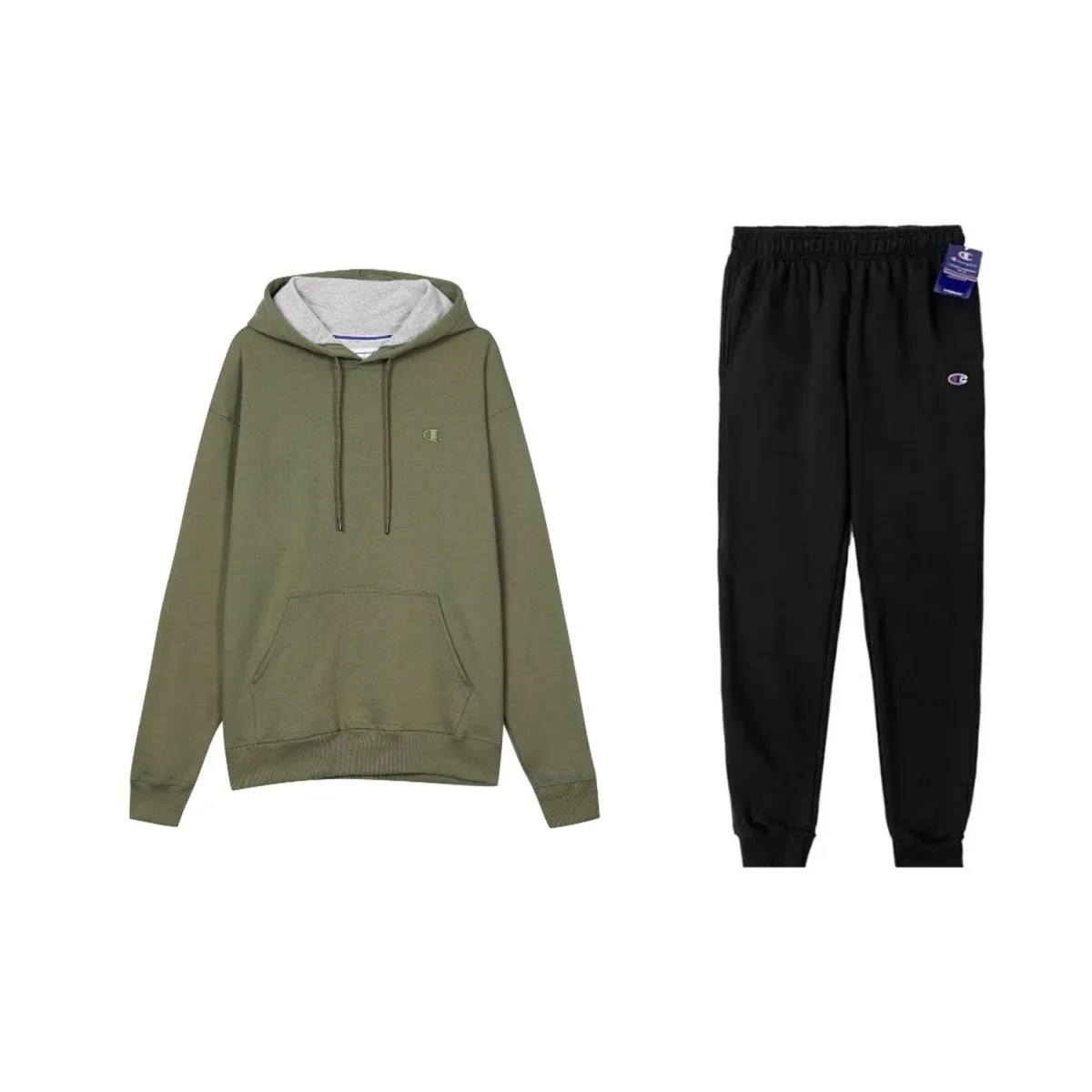 Champion Double Logo Embroidery Pullover Sweatshirt Loose Fit Elastic Cuff Fleece Lined Sweatpants