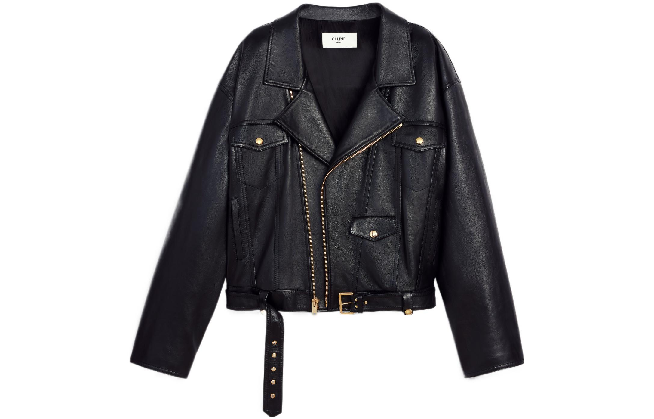CELINE Leather Jackets Women's Black Lapel Moderate Biker Jacket
