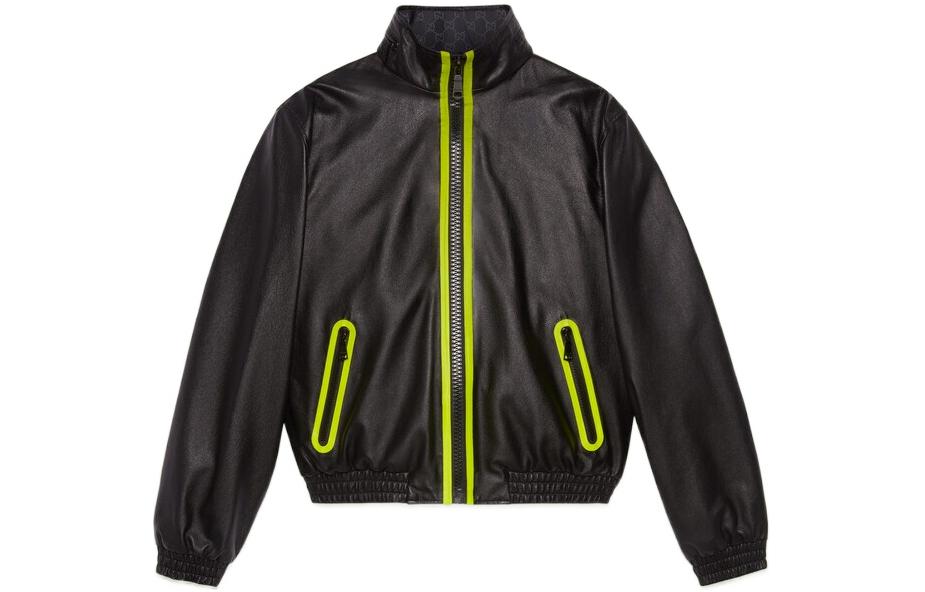 GUCCI Leather Jackets Women's Black Stand Collar Moderate