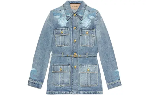 GUCCI Fw22 Tanabata Series Denim Jackets Women's Blue Lapel Moderate Straight Fit