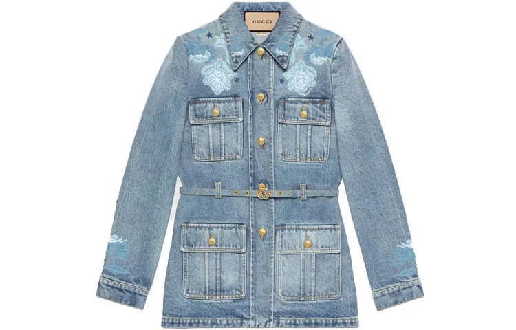 GUCCI Fw22 Tanabata Series Denim Jackets Women's Blue Lapel Moderate Straight Fit