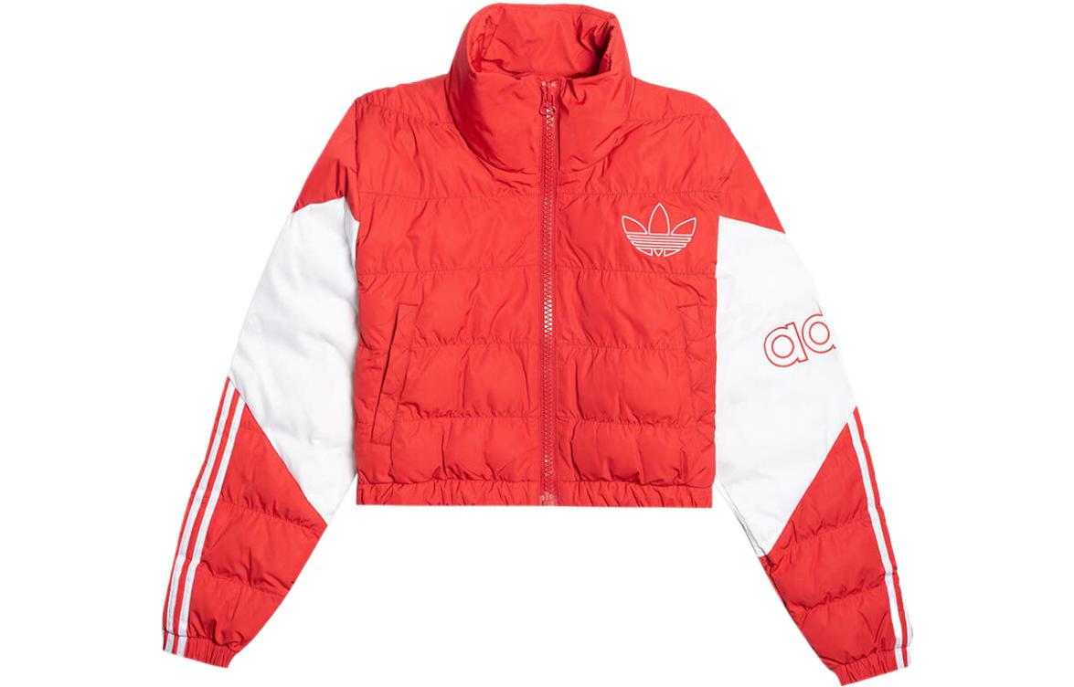 Adidas Originals Puffer Jackets Women's Red Stand Collar Moderate Patchwork Puffer Jacket