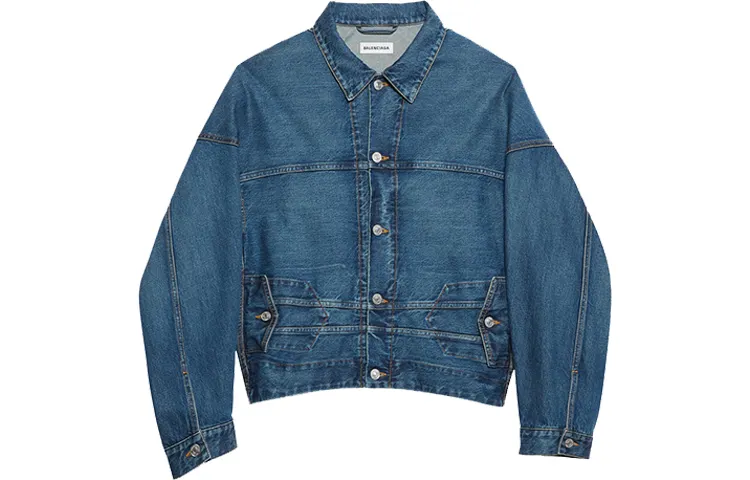 Balenciaga Denim Jackets Women's Peacock Blue Lapel Moderate Straight Fit