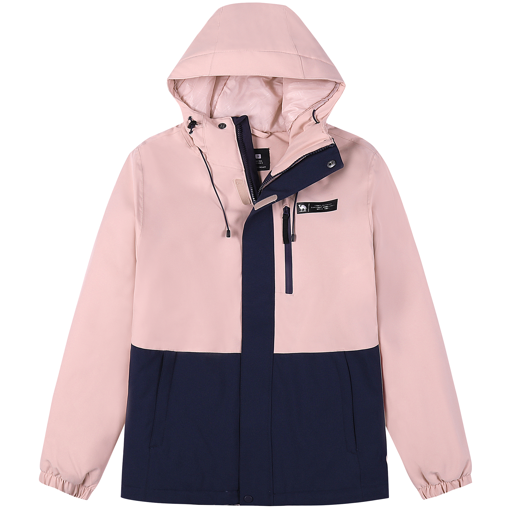 CAMEL Camel all-weather series quilted one-piece color-blocked hooded windproof and waterproof thick style business/leisure life outdoor hiking jacket for women