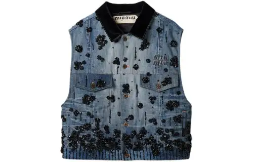 MIU MIU Vests Women's Blue Lapel Moderate Denim