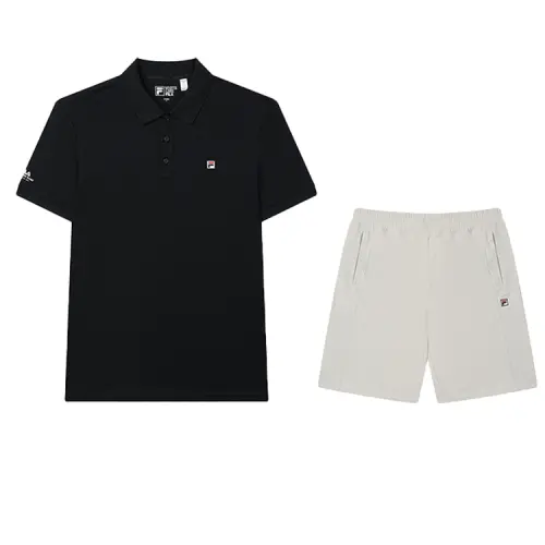 FILA Casual Sportswear Men's Jet Black Top+Sky Blue Beige Bottom