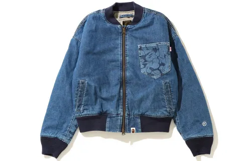 A BATHING APE Head Series Denim Jackets Women's Dark Blue Crew Neck Moderate Straight Fit