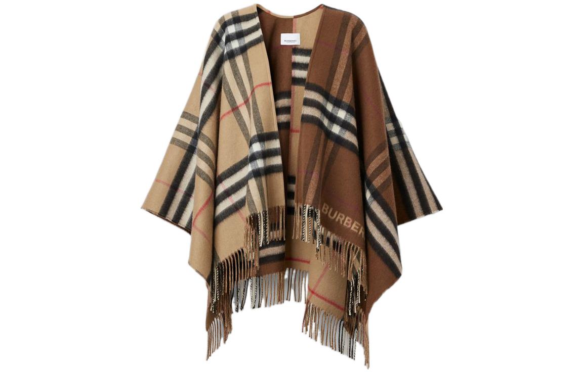 Burberry Burberry FW22 color-blocked plaid tassel wool mixed poncho women's brown 80594061
