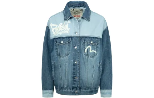 EVISU Denim Jackets Women's Denim Blue Lapel Moderate Straight Fit