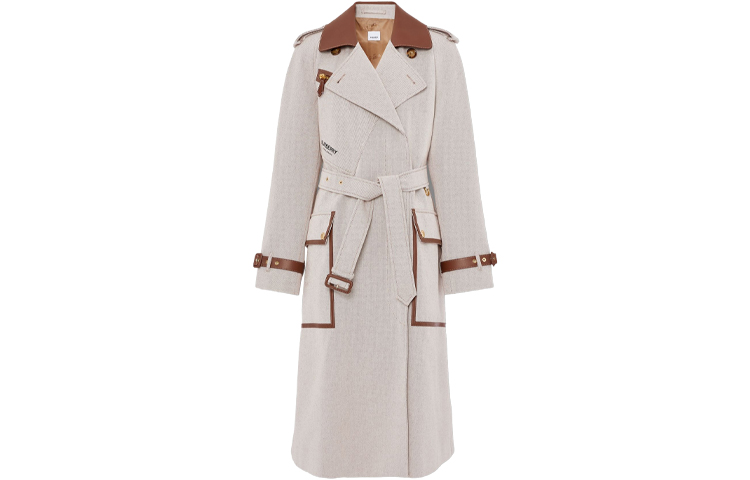 Burberry Burberry SS21 Classic Leather Trim Cotton Canvas Suit Collar Trench Coat Women's Soft Tan Heather Gray