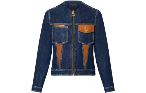 LOUIS VUITTON Pre Owned 2020s Leather panel Collarless Denim Jacket
