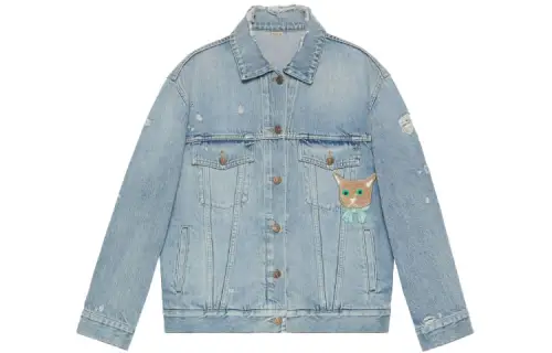 GUCCI Denim Jackets Women's Blue Lapel Moderate Straight Fit
